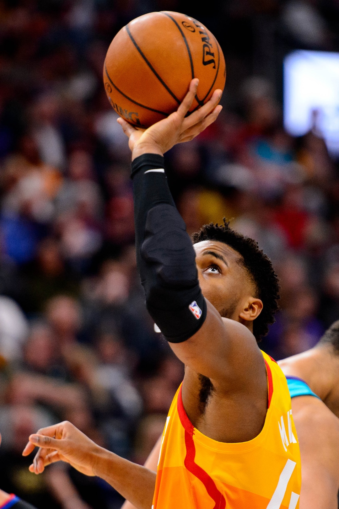 (Trent Nelson  |  The Salt Lake Tribune) Utah Jazz guard Donovan Mitchell (45) as the Utah Jazz host the Charlotte Hornets, NBA basketball in Salt Lake City on Friday, Jan. 10, 2020.