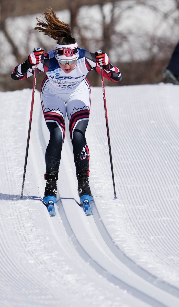 (Francisco Kjolseth | The Salt Lake Tribune) Sydney Palmer-Leger of the University of Utah competes during the women’s 5K classic in the NCAA Skiing Championships held at the Soldier Hollow Nordic Center on Thursday, March 10, 2022 in Midway, Utah.
