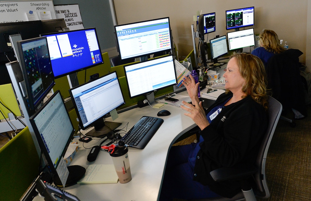 (Francisco Kjolseth | The Salt Lake Tribune) Critical Care Nurse Crystal Hale connects with doctors and patients remotely from the Telecritical Care Center in Midvale. Intermountain Healthcare announced the launch of "one of the nation's largest virtual hospital services." It will involve 500 caregivers, offering telehealth services on everything from basic care to stroke evaluation and newborn critical care. The Virtual Hospital Services Testing Laboratory showcased several medical services on Wednesday, Feb. 28, 2018,.