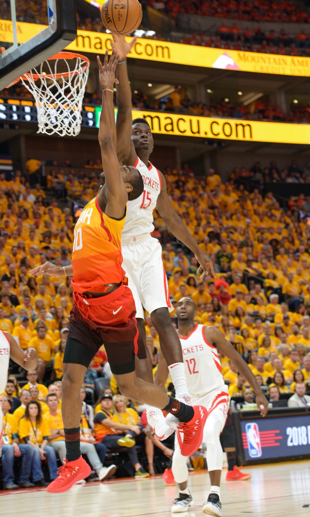 (Leah Hogsten  |  The Salt Lake Tribune) Houston Rockets center Clint Capela (15) denies Utah Jazz guard Alec Burks (10) as the Utah Jazz take on the Houston Rockets in Game 3 of an NBA basketball second-round playoff series Friday, May 4, 2018 in Salt Lake City.