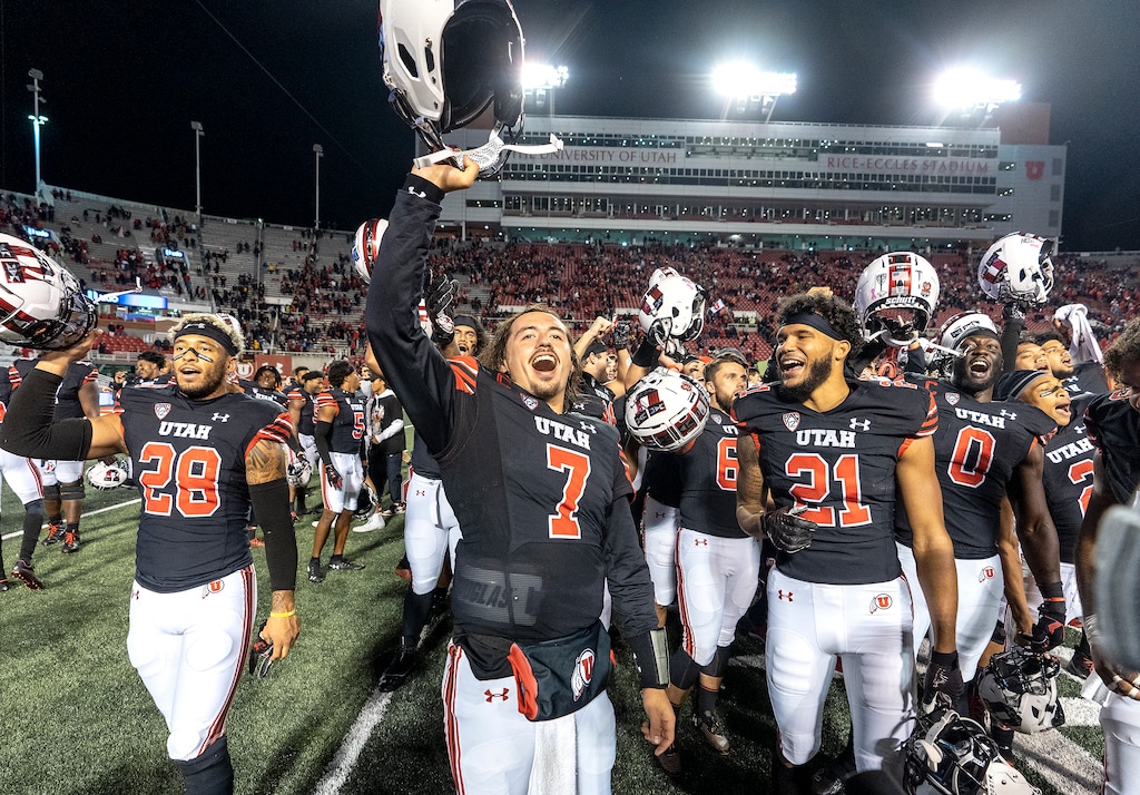 (Leah Hogsten | The Salt Lake Tribune) Utah Utes quarterback Cameron Rising (7) celebrates the win with the team as the University of Utah hosts the Arizona Sun Devils in Pac-12 action at Rice-Eccles Stadium, Oct. 10, 2021. 