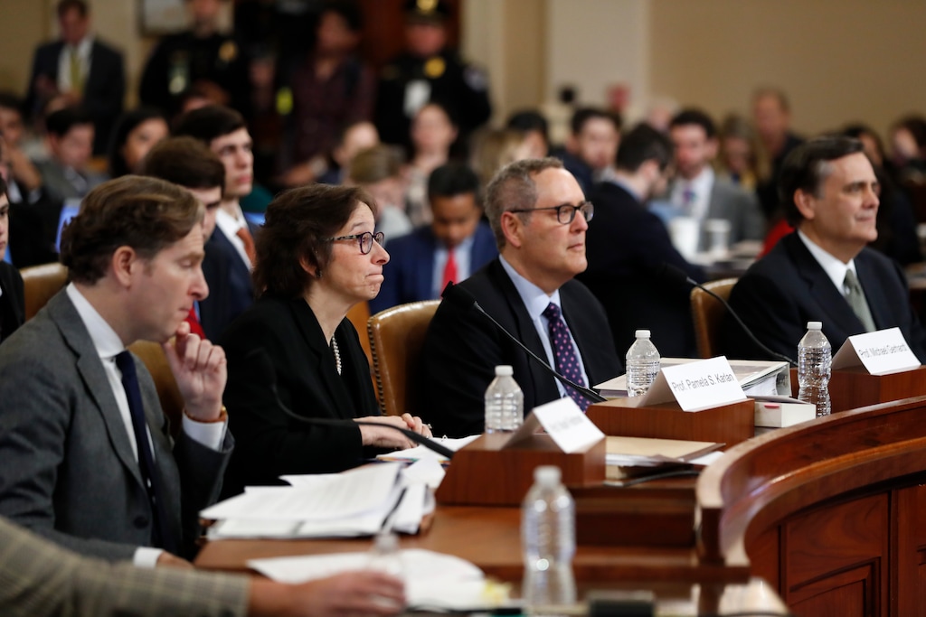 (Andrew Harnik | AP) From left, Constitutional law experts, Harvard Law School professor Noah Feldman, Stanford Law School professor Pamela Karlan, University of North Carolina Law School professor Michael Gerhardt and George Washington University Law School professor Jonathan Turley testify during a hearing before the House Judiciary Committee on the constitutional grounds for the impeachment of President Donald Trump, on Capitol Hill in Washington, Wednesday, Dec. 4, 2019.