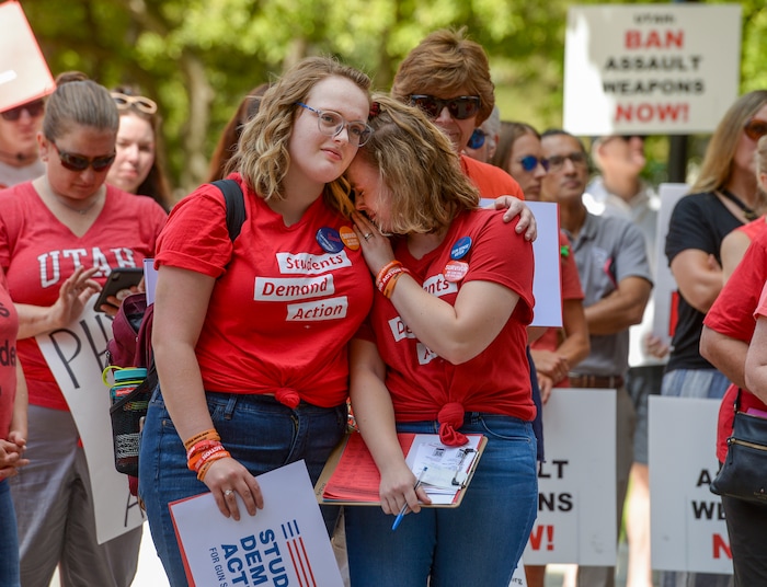 (Leah Hogsten  |  The Salt Lake Tribune) l-r In response to the violence her sister witnessed as a student during the Columbine High School shooting in 1999, Bailey Golding, 19, and her friend Molly Perez started a student group in Utah and Salt Lake counties Members of Moms Demand Action for Gun Sense in America gathered at Washington Square Park to demand change in gun laws in reaction to the August mass shootings in Dayton, Ohio and El Paso, Texas, and the hundreds of Americans who are wounded and killed by gun violence every day.