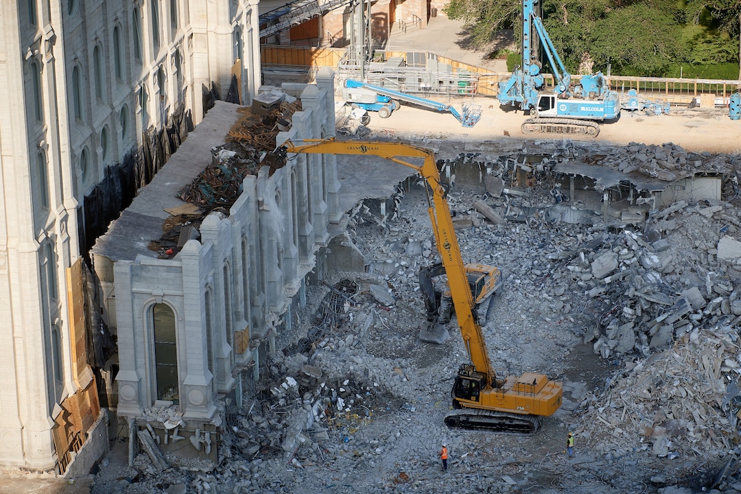 (Photo courtesy The Church of Jesus Christ of Latter-day Saints) In this July 2020 photo, crews dismantle the 1960s additions to the Salt Lake Temple.