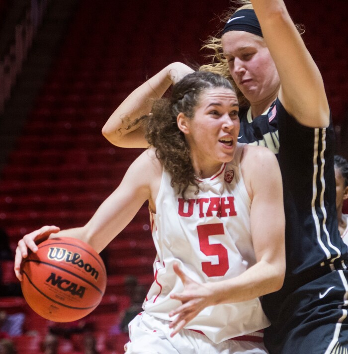 (Rick Egan  |  The Salt Lake Tribune)  Utah Utes center Megan Huff (5) takes the ball inside, in basketball action Utah Utes vs. Purdue Boilermakers, at the Jon M. Huntsman Center, Monday, Nov. 20, 2017.
