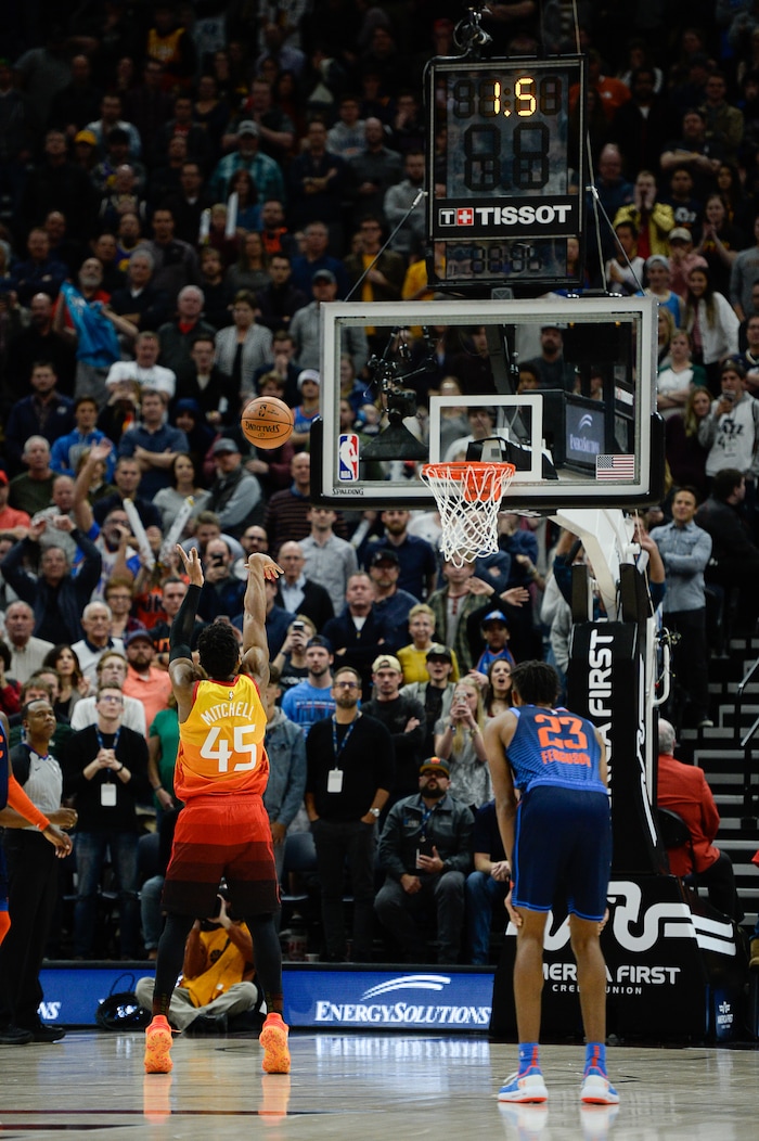 (Francisco Kjolseth  |  The Salt Lake Tribune)   Utah Jazz guard Donovan Mitchell (45) misses his first of two free throws with 1.5 seconds remaining and down 107 to 105 in the second half of the NBA game at Vivint Smart Home Arena Sat., Dec. 22, 2018, in Salt Lake City.