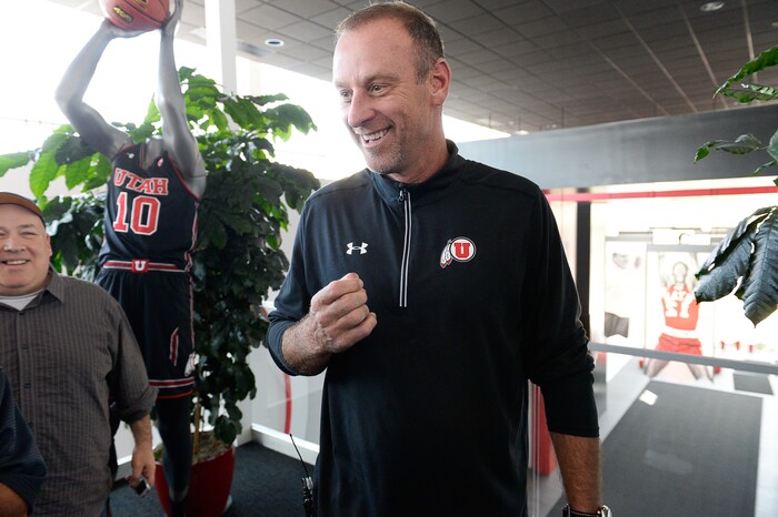 (Francisco Kjolseth  |  The Salt Lake Tribune)  Utah basketball coach Larry Krystkowiak speaks with the press during media day at the Ute basketball practice facility on Wed. Sept. 26, 2018.