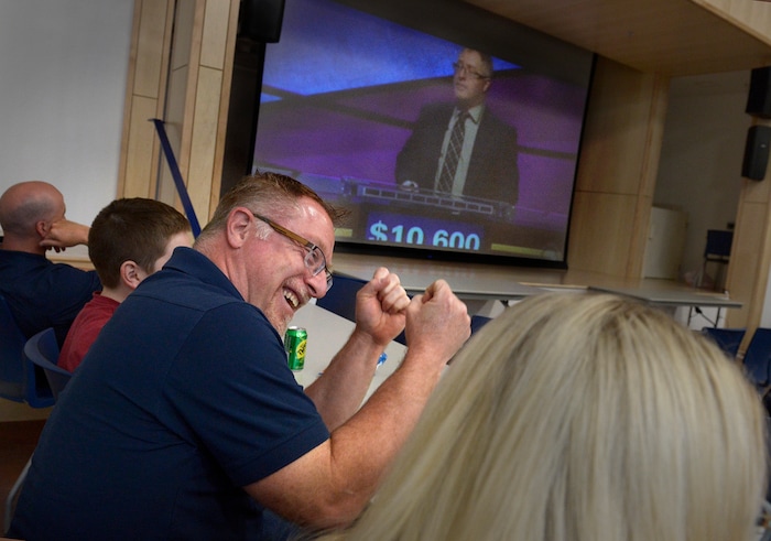 (Scott Sommerdorf | The Salt Lake Tribune)
Real Salt Lake Academy math teacher Steve Mond reacts during the watch party at the school, Friday, May 11, 2018, as they showed his performance in the JEOPARDY! Teachers Tournament. He is reacting to the moment when he correctly answered a Final Jeopardy question that sealed his win.