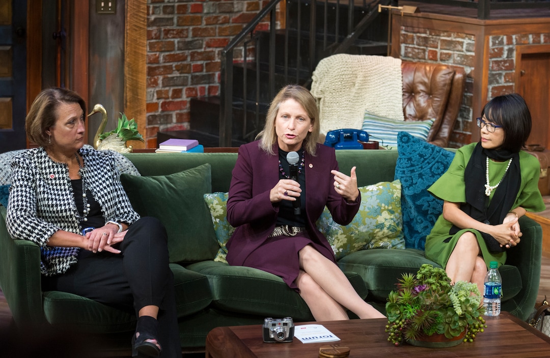 (Rick Egan | The Salt Lake Tribune) University of Utah President Ruth Watkins, left, and Utah Valley University President Astrid Tuminez, right, listen as Westminster President Bethami Dobkin, center, talks during a panel on Thursday, Oct. 4, 2018.