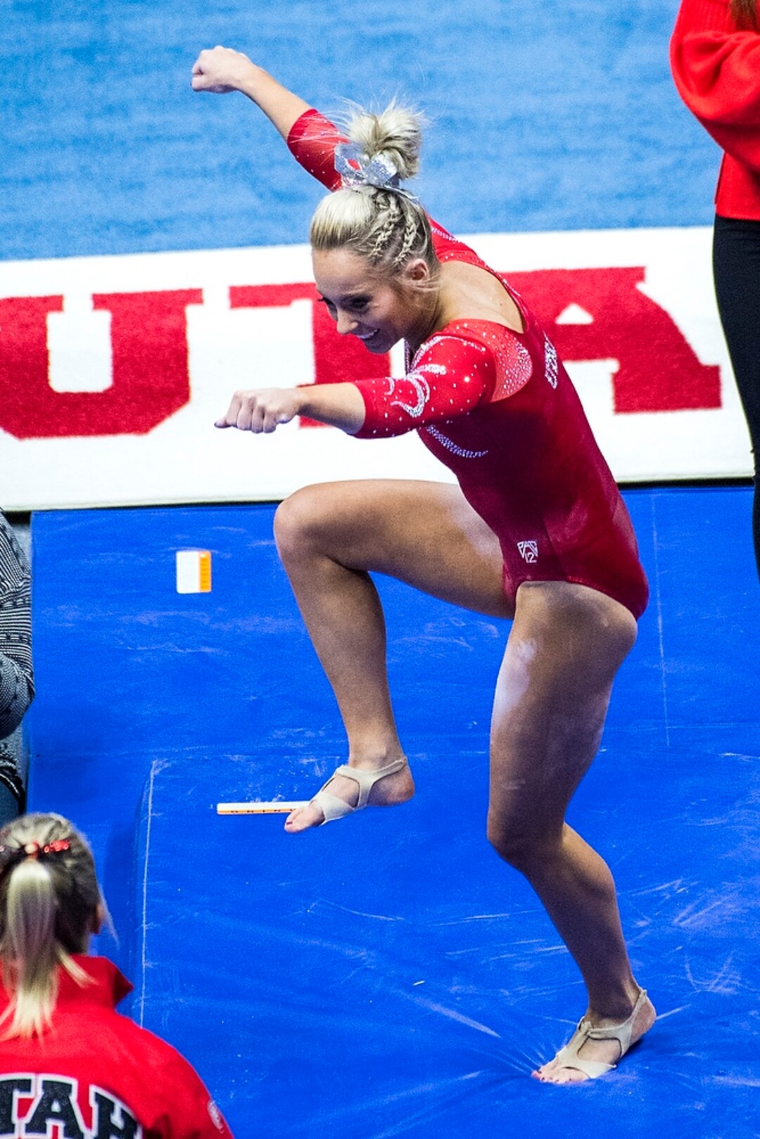 (Chris Detrick  |  The Salt Lake Tribune)  Utah's Mykayla Skinner celebrates after competing on the beam during the gymnastics meet against Brigham Young University Friday, January 5, 2018.  