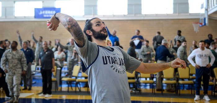 (Steve Griffin  |  The Salt Lake Tribune)    New Jazz guard Ricky Rubio throws mini basketballs to the crowd following scrimmage in the Warrior Fitness Center on Hill Air Force Base as a part of a "Hoops for Troops" promotion Ogden Friday September 29, 2017. It's also Utah's first public scrimmage of the season, and the first look at how the new pieces of the team will work together. 