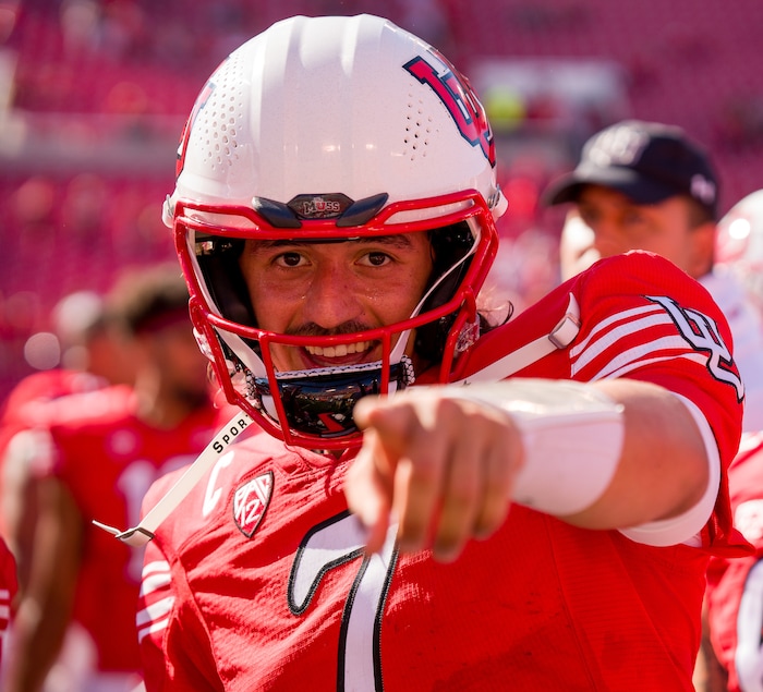 (Trent Nelson  |  The Salt Lake Tribune) Utah Utes quarterback Cameron Rising (7) celebrates the win as the University of Utah hosts Washington State, NCAA football in Salt Lake City on Saturday, Sept. 25, 2021.