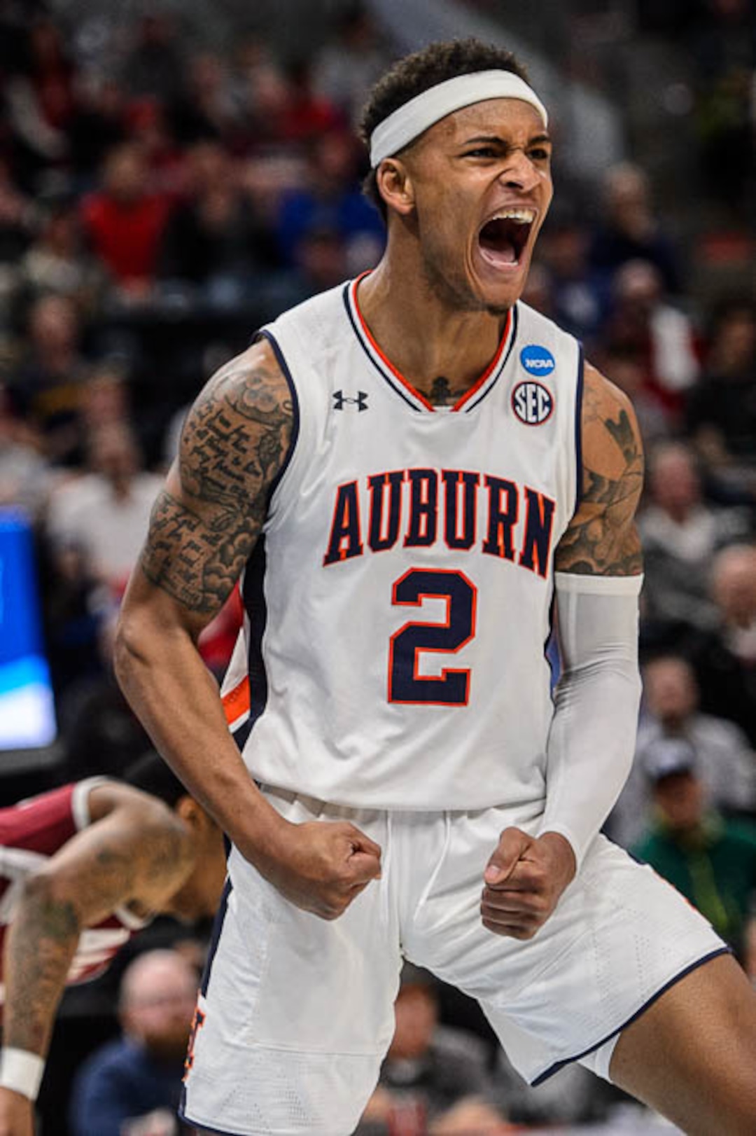 (Trent Nelson | The Salt Lake Tribune)  Auburn Tigers guard Bryce Brown (2) celebrates a score as Auburn faces New Mexico State in the 2019 NCAA Tournament in Salt Lake City on Thursday March 21, 2019.