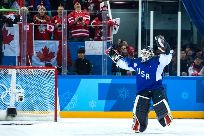 (Chris Detrick  |  The Salt Lake Tribune) United States goaltender Madeline Rooney (35) celebrates after stopping Canada forward Meghan Agosta (2) in the shootout during the Women's Gold Medal Game at Gangneung Hockey Centre during the Pyeongchang 2018 Winter Olympics Thursday, Feb. 22, 2018. United States defeated Canada 3-2 in a shootout victory. 