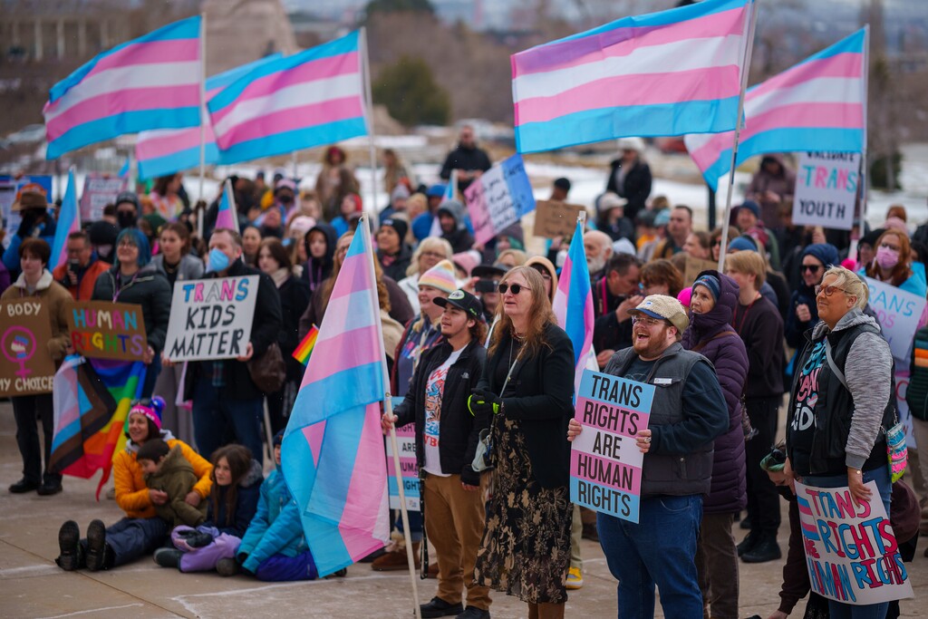 (Trent Nelson | The Salt Lake Tribune) People gather at a rally in support of transgender youth at the Capitol building in Salt Lake City on Tuesday, Jan. 24, 2023. Utah lawmakers will debate a bill on Wednesday that would further restrict which public places transgender Utahns can access.