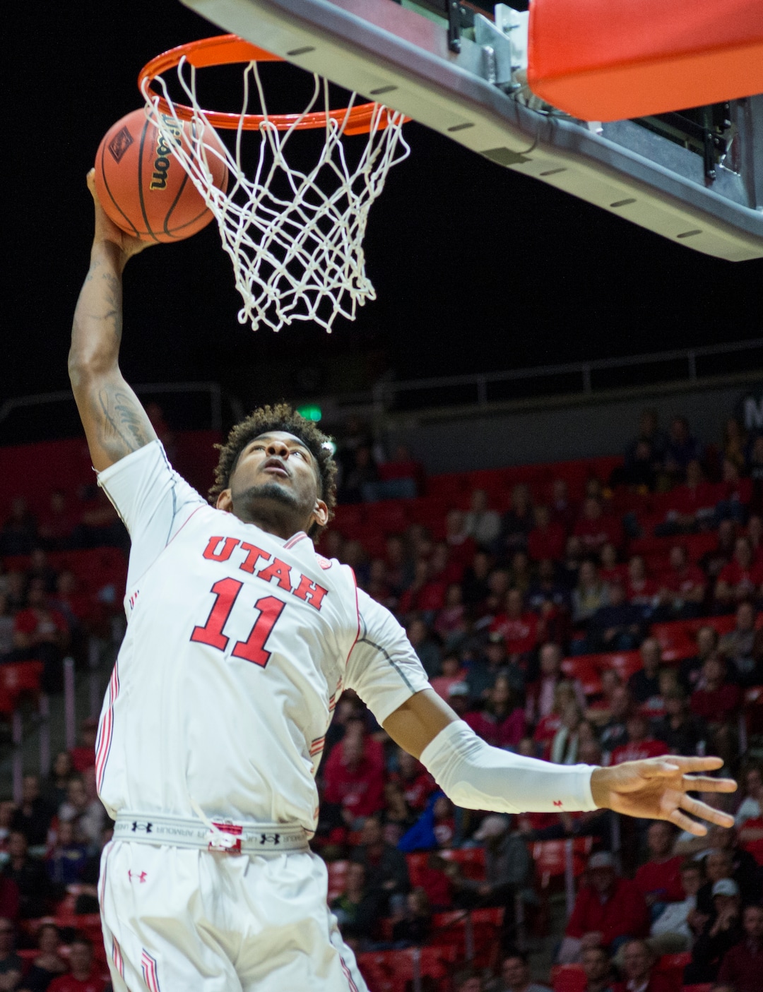 (Rick Egan  |  The Salt Lake Tribune)    Utah Utes forward Chris Seeley (11) dunks the ball, in NIT playoff action between Utah Utes and LSU Tigers at the Jon M. Huntsman Center, Monday, March 19, 2018.