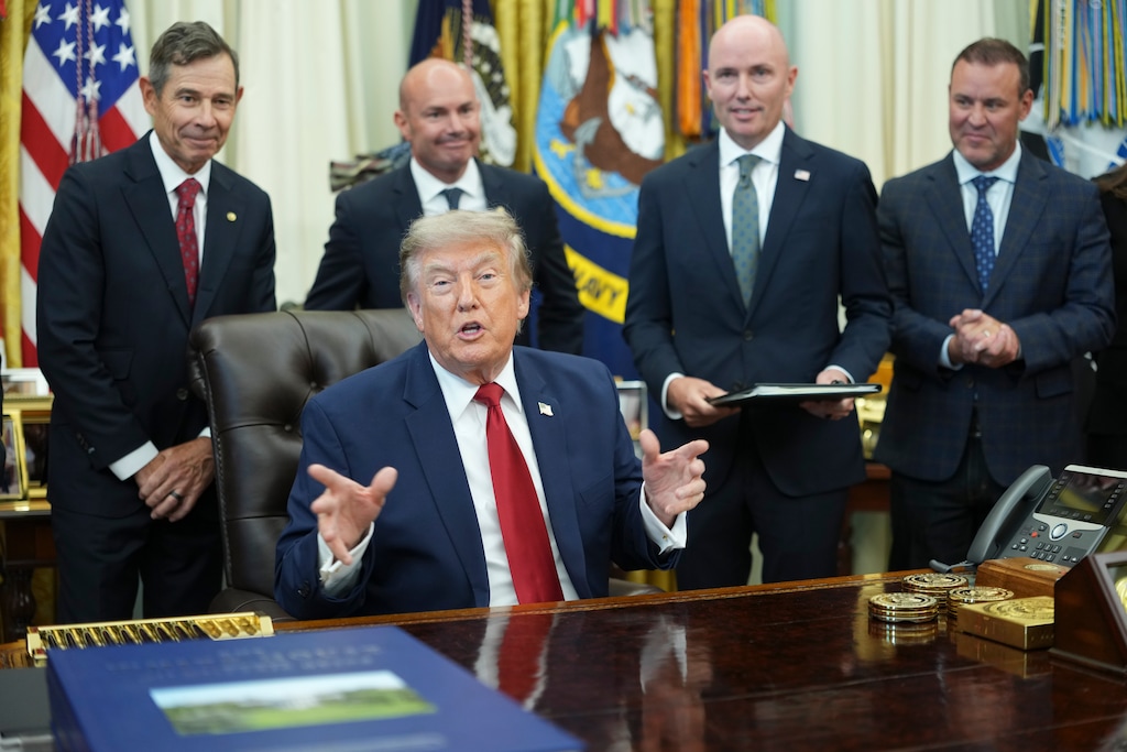 (Doug Mills | The New York Times) President Donald Trump speaks during an event where he signed an executive order reducing reducing the size of Bears Ears and Grand Staircase-Escalante National Monuments in Utah in the Oval Office of the White House in Washington, on Monday, July 13, 2026. Behind Trump, from left, are U.S. Sens. John Curtis and Mike Lee, Gov. Spencer Cox, and House Speaker Mike Schultz, R-Hooper.
