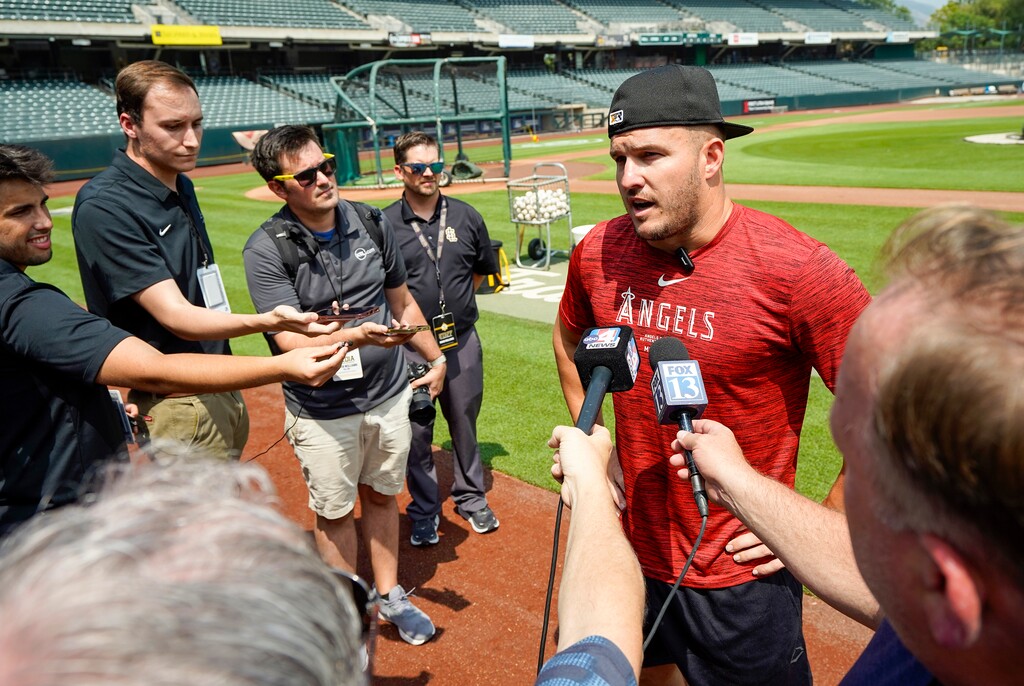(Chris Samuels | The Salt Lake Tribune) Los Angeles Angels outfielder Mike Trout speaks to reporters at Smith’s Ballpark in Salt Lake City before beginning a rehab stint with the Salt Lake Bees, Tuesday, July 23, 2024.