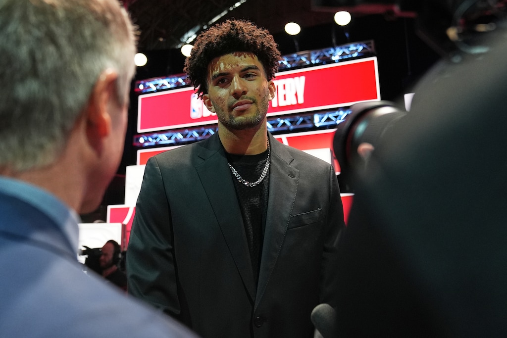 (Nam Y. Huh | AP) Duke forward Cameron Boozer talks to reporters during the NBA basketball draft lottery in Chicago earlier this month.