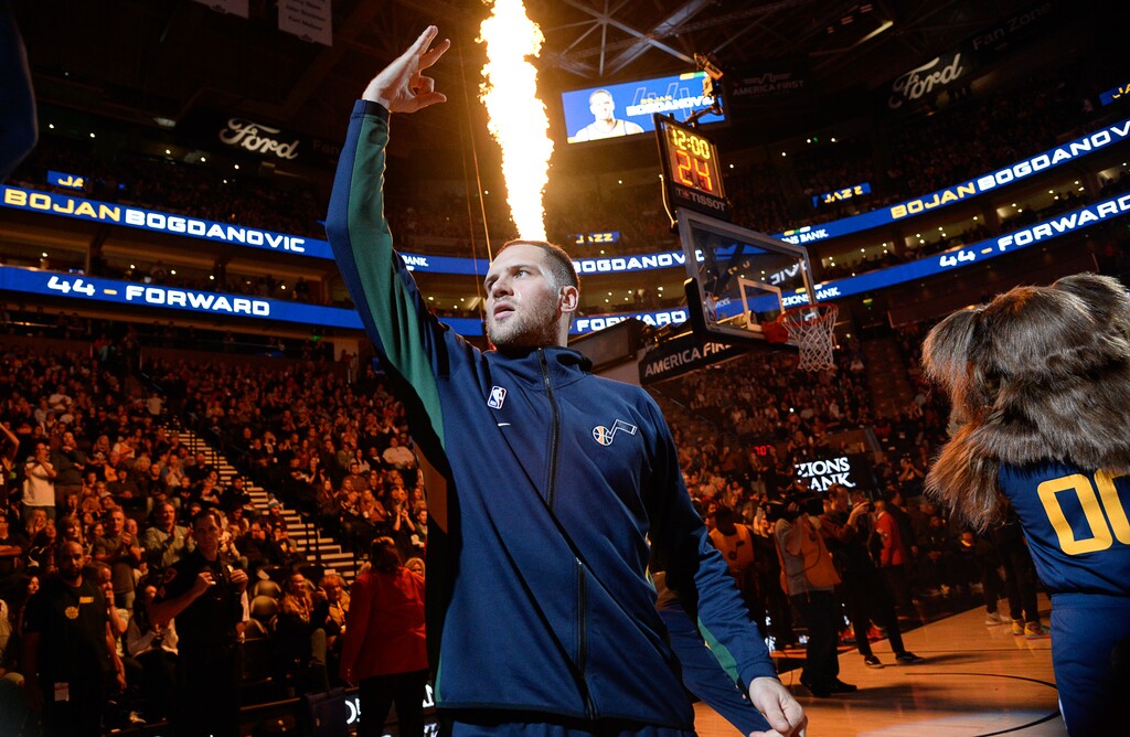 (Francisco Kjolseth  |  The Salt Lake Tribune)  Utah Jazz forward Bojan Bogdanovic (44) is introduced as the Utah Jazz host the New Orleans Pelicans in their NBA basketball game at Vivint Smart Home Arena in Salt Lake City on Sat. Nov. 23, 2019.