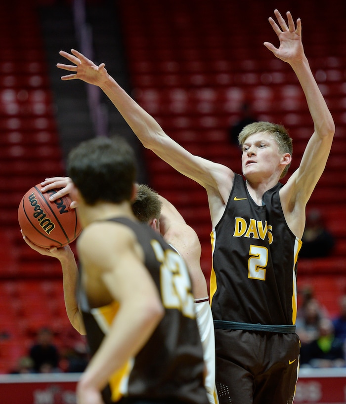 (Francisco Kjolseth  |  The Salt Lake Tribune)  Davis vs Lone Peak, 6A State high school basketball tournament at the Huntsman Center in Salt Lake City, Thursday March 1, 2018. Jake Sampson (3) puts the pressure on Lone Peak. 