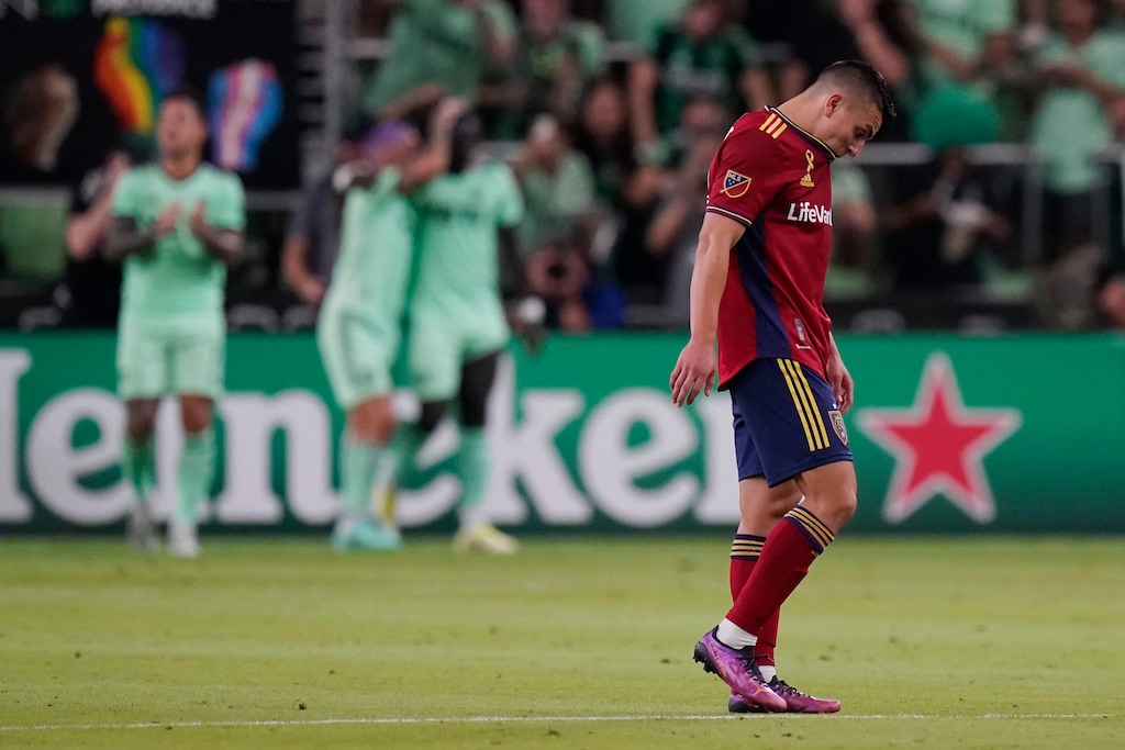 Real Salt Lake midfielder Braian Ojeda (88) reacts after an Austin FC score during the second half of an MLS soccer match, Wednesday, Sept. 14, 2022, in Austin, Texas. (AP Photo/Eric Gay)