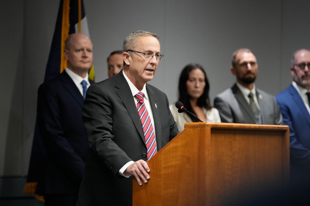 (Francisco Kjolseth | The Salt Lake Tribune) Utah County Attorney Jeffrey Gray announces formal charges brought against Tyler Robinson, the alleged shooter of Charlie Kirk, at the Utah County Health and Justice building in Provo on Tuesday, Sept. 16, 2025.