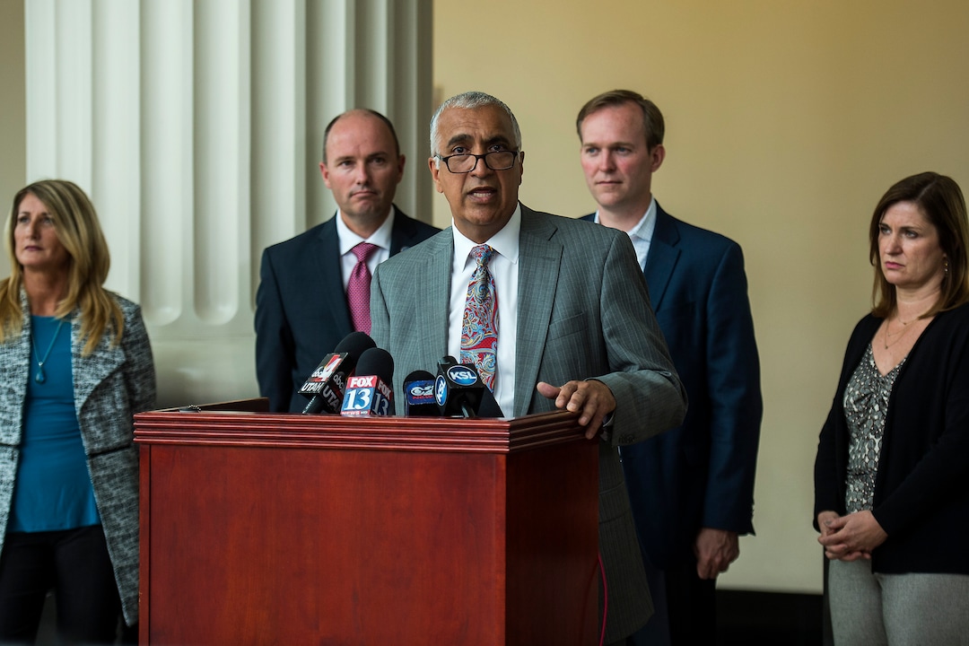 (Chris Detrick  |  The Salt Lake Tribune)  ​District​ ​Attorney​ ​Sim​ ​Gill​ speaks during a press conference at Matheson Courthouse Wednesday, September 13, 2017. 