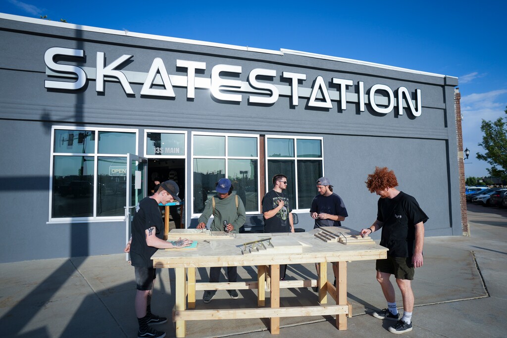 (Bethany Baker  |  The Salt Lake Tribune) Enthusiasts fingerboard on a skate park in front of Skatestation, a new store for fingerboarding enthusiasts, in Layton on Wednesday, June 11, 2025.