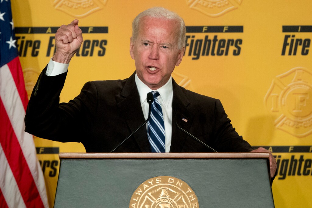 (Andrew Harnik | The Associated Press) In this March 12, 2019, file photo, former Vice President Joe Biden speaks to the International Association of Firefighters at the Hyatt Regency on Capitol Hill in Washington. Biden says he does not recall kissing a Nevada political candidate on the back of her head in 2014. The allegation was made in a New York Magazine article written by Lucy Flores, a former Nevada state representative and the 2014 Democratic nominee for Nevada lieutenant governor. Flores says Biden’s behavior “made me feel uneasy, gross, and confused.”