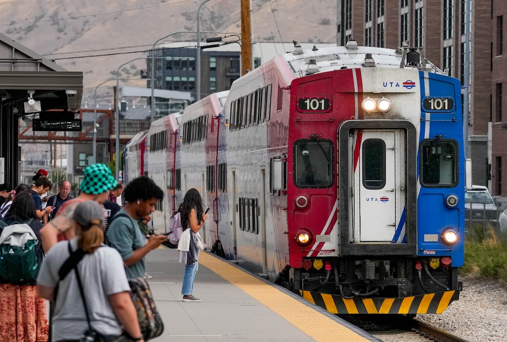 (Francisco Kjolseth | The Salt Lake Tribune) The UTA transit system is pictured at North Temple in Salt Lake City on Wednesday, Aug. 12, 2026. UTA is planning to increase fares from $2.50 to $3.