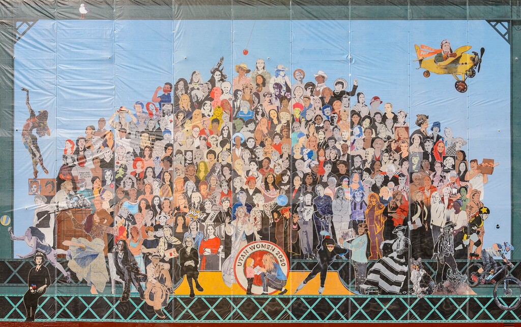 (Trent Nelson | The Salt Lake Tribune) The new Utah Women 2020 mural, featuring more than 200 Utah women from the past and present, was unveiled Wednesday, Aug. 26, 2020, on the Dinwoodey building in Salt Lake City.