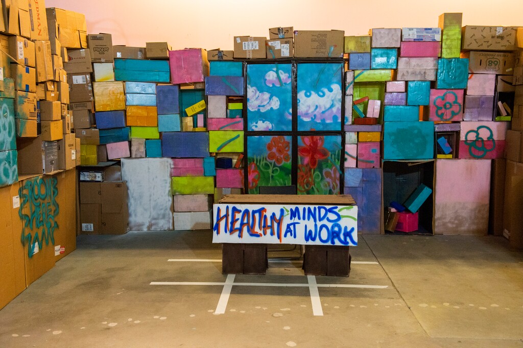 (Rick Egan  |  The Salt Lake Tribune)     
A cardboard fort dedicated to educating visitors about mental health and wellness is shown at the Gateway on Aug. 6, 2020.