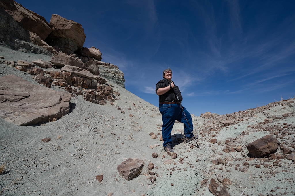 (Francisco Kjolseth  | The Salt Lake Tribune) Jim Kirkland, Utah state paleontologist takes a tour of the Dalton-Wells Quarry, the centerpiece of Utah’s new Utahraptor State Park near Moab, on Monday April 12, 2021. Walking along the rocky outcropping Kirkland says “this formation has more dinosaur species than any other formation on the planet.” 