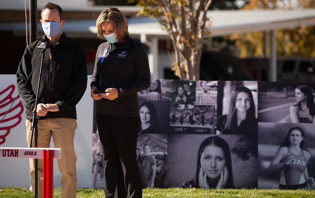 (Francisco Kjolseth  |  The Salt Lake Tribune) Matt and Jill McCluskey speak during a memorial walk on Thursday, Oct. 22, 2020, held at the track where their daughter Lauren McCluskey, a University of Utah student and track athlete used to compete. McCluskey was murdered by an ex-boyfriend who abducted her from her dorm room at the University of Utah.