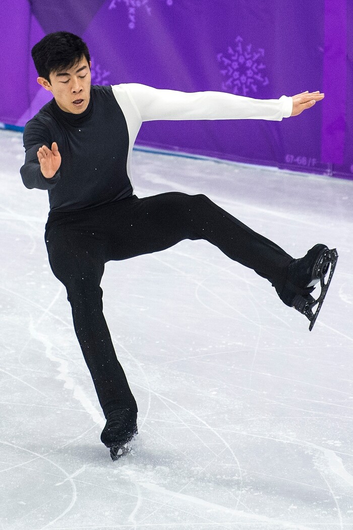 (Chris Detrick  |  The Salt Lake Tribune)  Salt Lake City's Nathan Chen falls while competing in the Men Single Skating Short Program at Gangneung Ice Arena during the Pyeongchang 2018 Winter Olympics Friday, Feb. 16, 2018. Chen finished with a score of 82.27.