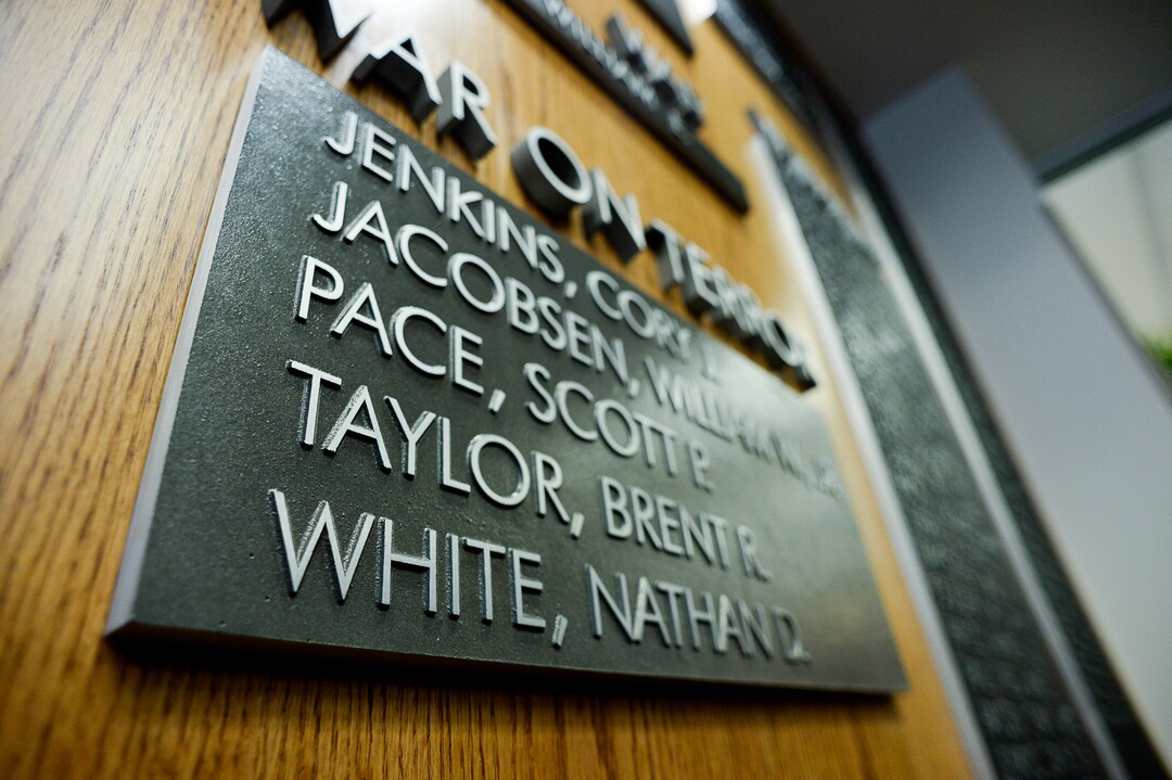 (Francisco Kjolseth  |  The Salt Lake Tribune)  Brigham Young University honors the life and legacy of Major Brent Taylor, former mayor of North Ogden and a BYU Army ROTC alumnus during a ceremony at the Ernest L. Wilkinson Student Center in Provo on Thursday, May 23, 2019. The BYU Army ROTC unveiled the updated Memorial Wall, a list of BYU students and alumni who have died in service.