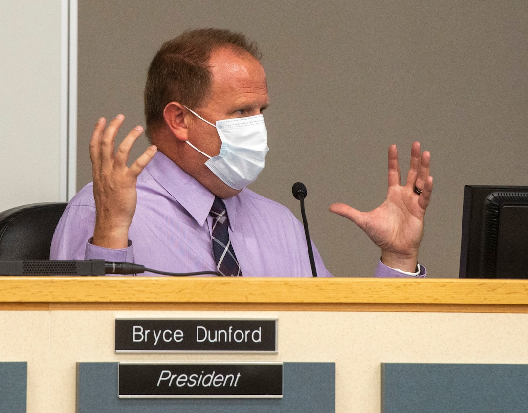 (Rick Egan  |  The Salt Lake Tribune)     Jordan School Board President Bryce Dunford asks a questions questions during the Jordan School Board meeting, discussing the Covid-19 cases at Riverton High School, on Wednesday, Sept. 16, 2020.