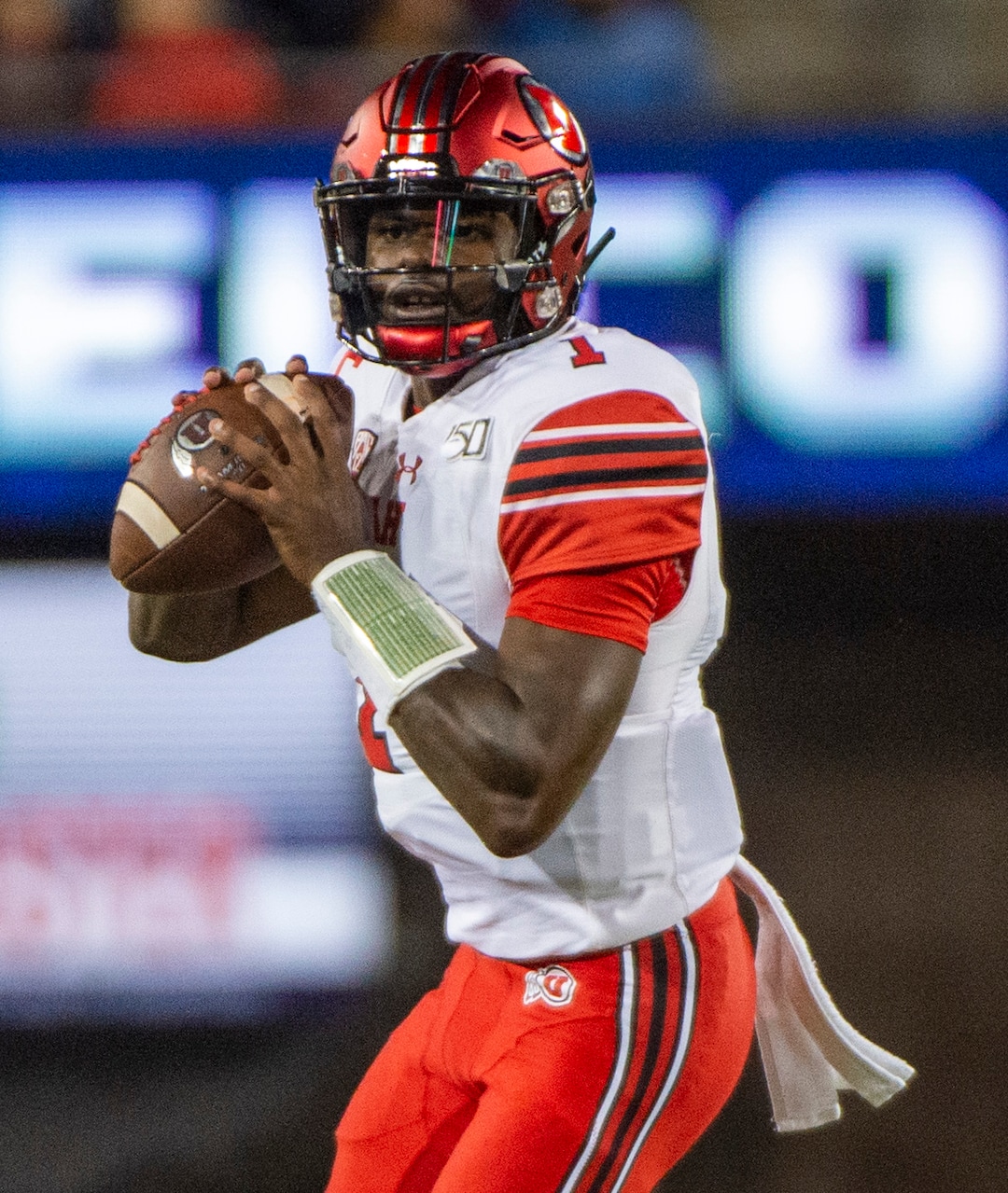 (Rick Egan  |  The Salt Lake Tribune)      Utah Utes quarterback Tyler Huntley (1) looks down field, in PAC-12 action between the Utah Utes and the Arizona Wildcats in Tucson, Saturday, Nov. 23, 2019.