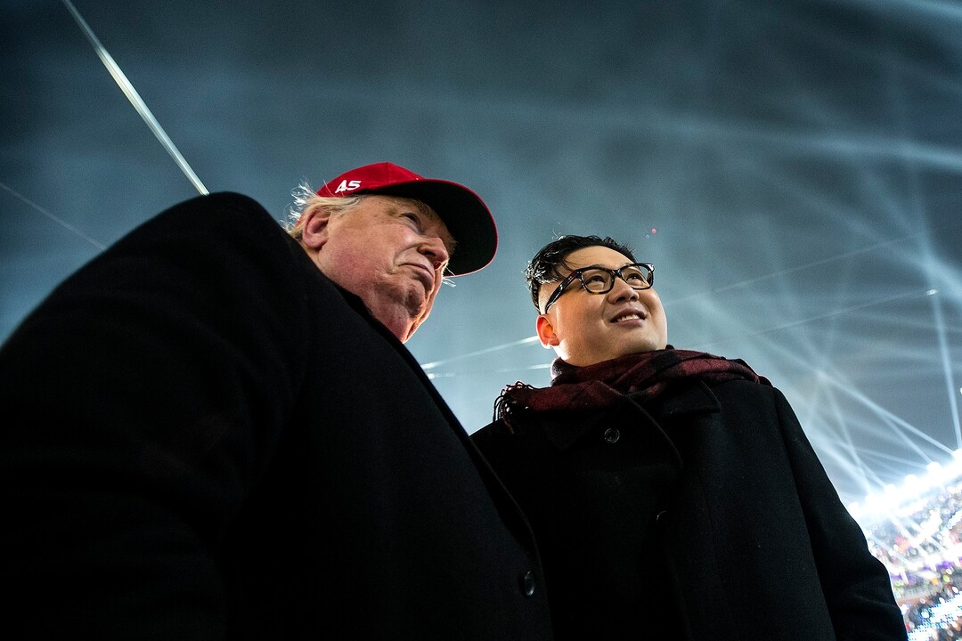(Chris Detrick  |  The Salt Lake Tribune)  Men dressed up as U.S. President Donald Trump and Supreme Leader of North Korea Kim Jong Un attend the Pyeongchang 2018 Winter Olympics opening ceremony at Olympic Stadium Friday, February 9, 2018.  
