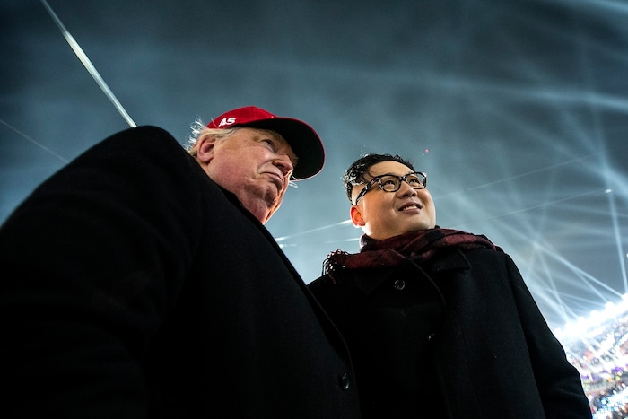 (Chris Detrick  |  The Salt Lake Tribune)  Men dressed up as U.S. President Donald Trump and Supreme Leader of North Korea Kim Jong Un attend the Pyeongchang 2018 Winter Olympics opening ceremony at Olympic Stadium Friday, February 9, 2018.  
