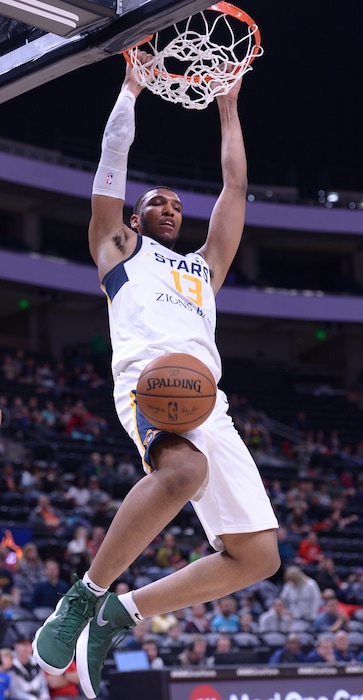 (Leah Hogsten | The Salt Lake Tribune) Stars basketball player, Tony Bradley, during a game against South Bay, Friday, February 2, 2018 at Vivant Arena.