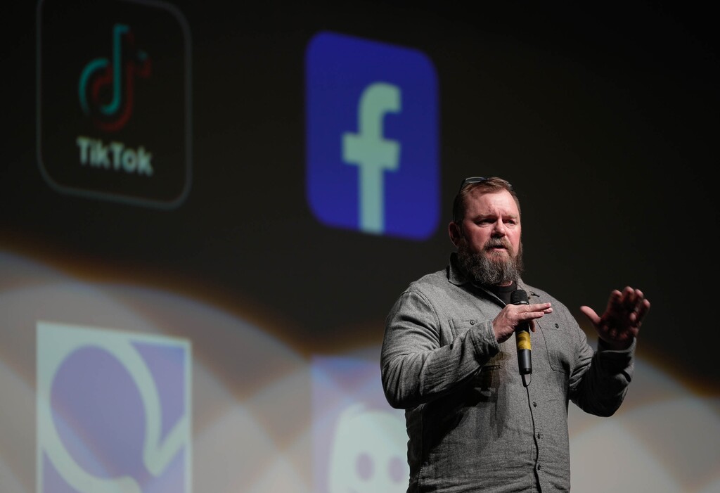(Francisco Kjolseth  |  The Salt Lake Tribune) Brian Glass talks about the tragic loss of his son who recently took his own life after being sextorted through social media on Wednesday, April 17, 2024. Roy High School held the meeting to discuss ways to prevent future tragedies. 