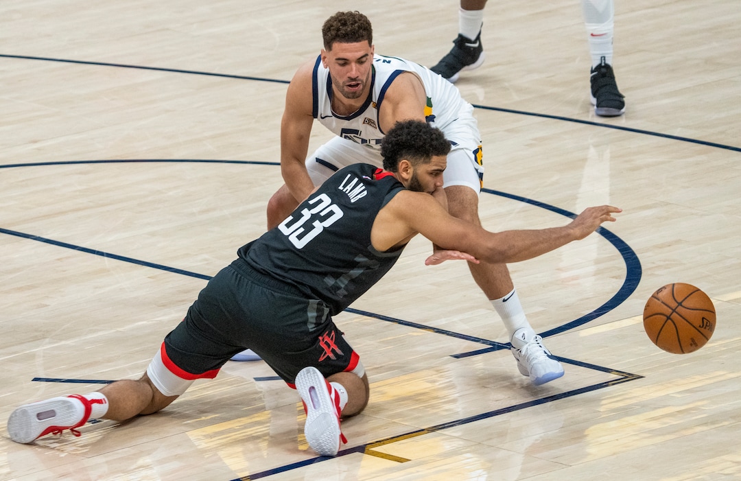 (Rick Egan | The Salt Lake Tribune) Utah Jazz forward Georges Niang (31) knocks the ball out of the hands of Houston Rockets forward Anthony Lamb (33), in NBA action between the Utah Jazz and the Houston Rockets, at Vivint Arena, on Saturday, May 8, 2021.