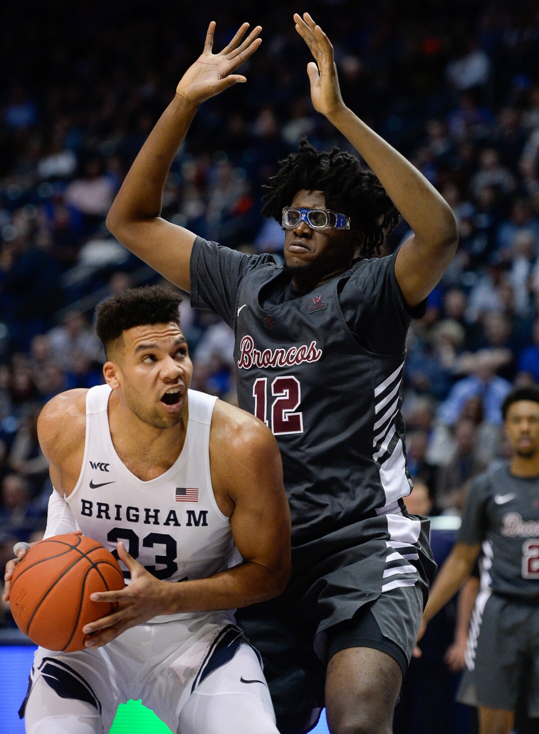 (Francisco Kjolseth  |  The Salt Lake Tribune) Brigham Young Cougars forward Yoeli Childs (23) tries to push past Santa Clara Broncos center Jaden Bediako (12) in the first half as the Brigham Young Cougars host the Santa Clara Broncos at the Marriott Center in Provo, Thursday, Feb. 20, 2020.