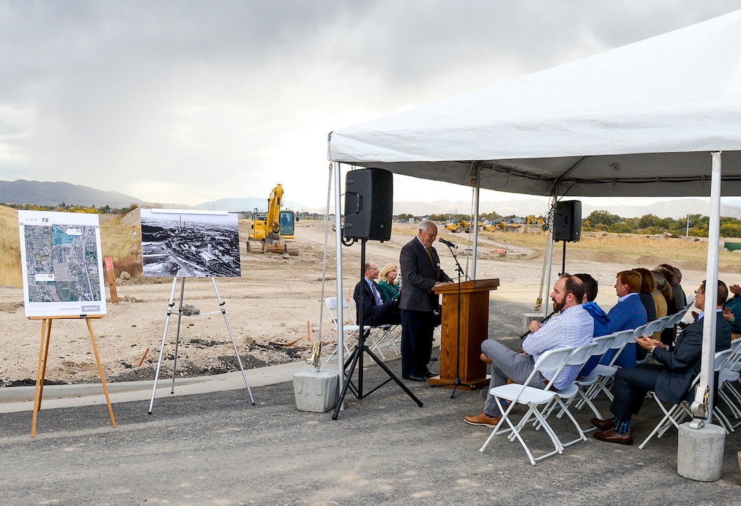 Leah Hogsten  |  The Salt Lake Tribune  Midvale Mayor Robert Hale delivers his opening remarks during Monday's, Oct. 22, 2018 community ceremony. Jordan Bluffs is moving forward with the View 72, Phase II development at Jordan Bluffs. The 265-acre parcel will be comprised of mixed-use development on the former Sharon Steel superfund industrial site.