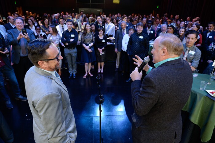 (Francisco Kjolseth  |  The Salt Lake Tribune)  House speaker Greg Hughes, left, and Senator Jim Dabakis, D-Salt Lake, tell the story of how they made Hamilton more accessible to students through the Department of Heritage Arts by sponsoring a letter writing initiative. 