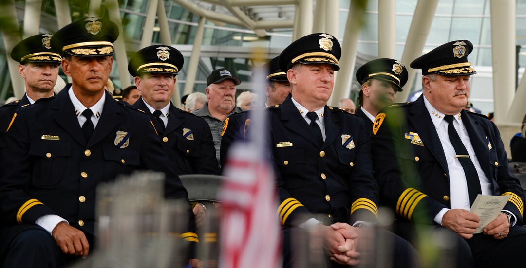 (Leah Hogsten  |  The Salt Lake Tribune)  In honor of Police Week, the Salt Lake City Police Department honored its fallen officers with a memorial service and a 21-gun salute at the Public Safety Building, Thursday, May16, 2019.