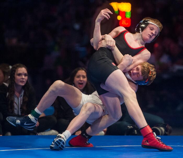 (Rick Egan  |  The Salt Lake Tribune)   Braydon Mogle (Mountain Crest) wrestles Scott Robertson (Bear River)  in the 113 weight class, in the 4A State Wrestling Championships, at UVU in Orem, Saturday, February 10, 2018.