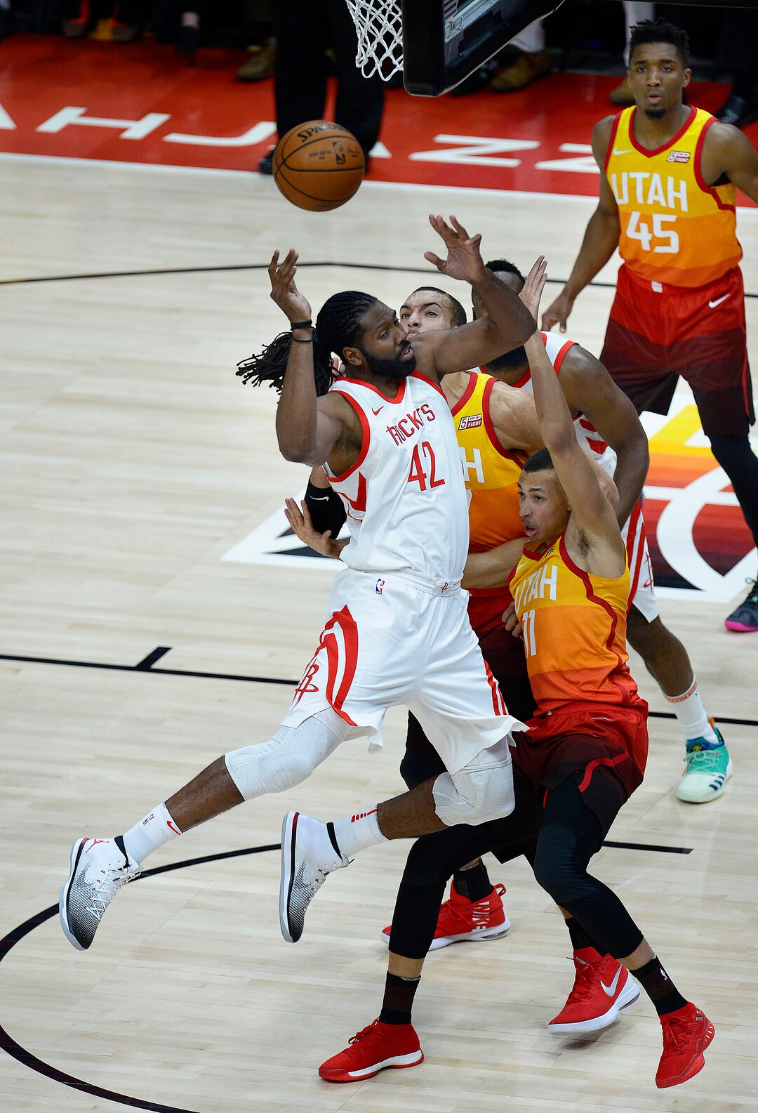 (Scott Sommerdorf | The Salt Lake Tribune)Houston Rockets center Nene Hilario (42) is fouled during first half play. The Houston Rockets led the Utah Jazz 70-40 at the half of game 3, Friday, May 4, 2018.
